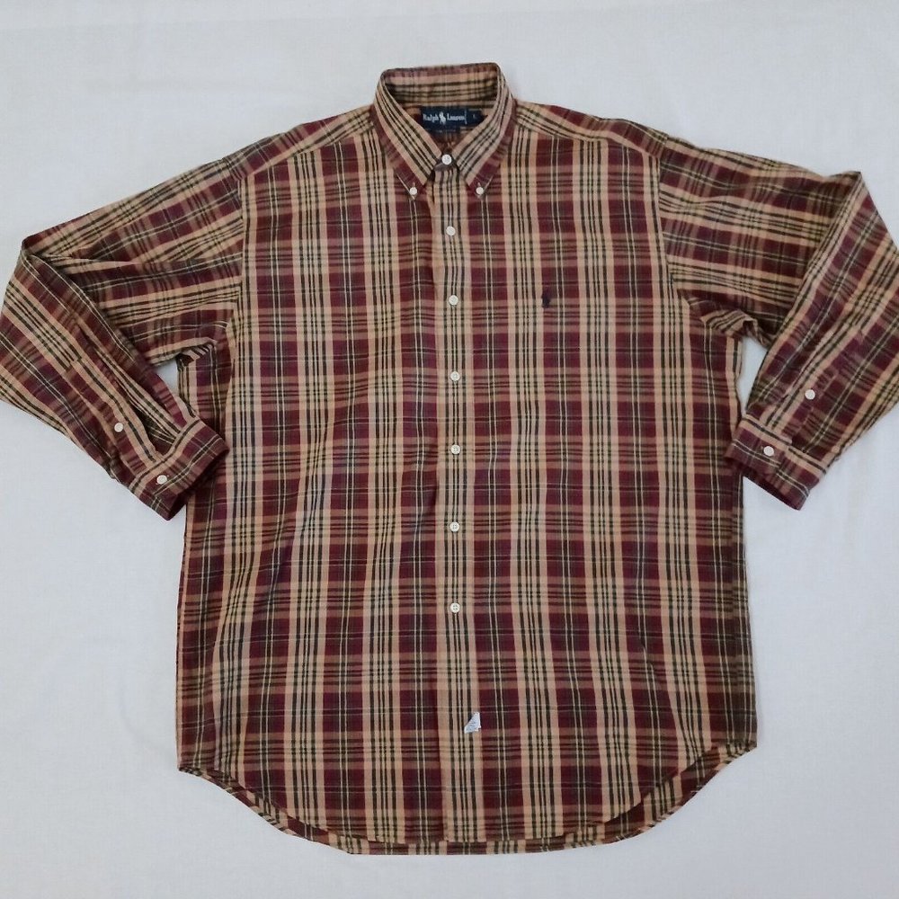 Vintage Ralph Lauren‎ Plaid Button Front Oxford Shirt Size L Large Tan Red Green - Picture 2 of 5